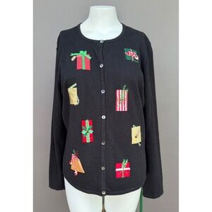 Cambridge Dry Goods XL Christmas Cardigan Black Present Applique Holiday Sweater